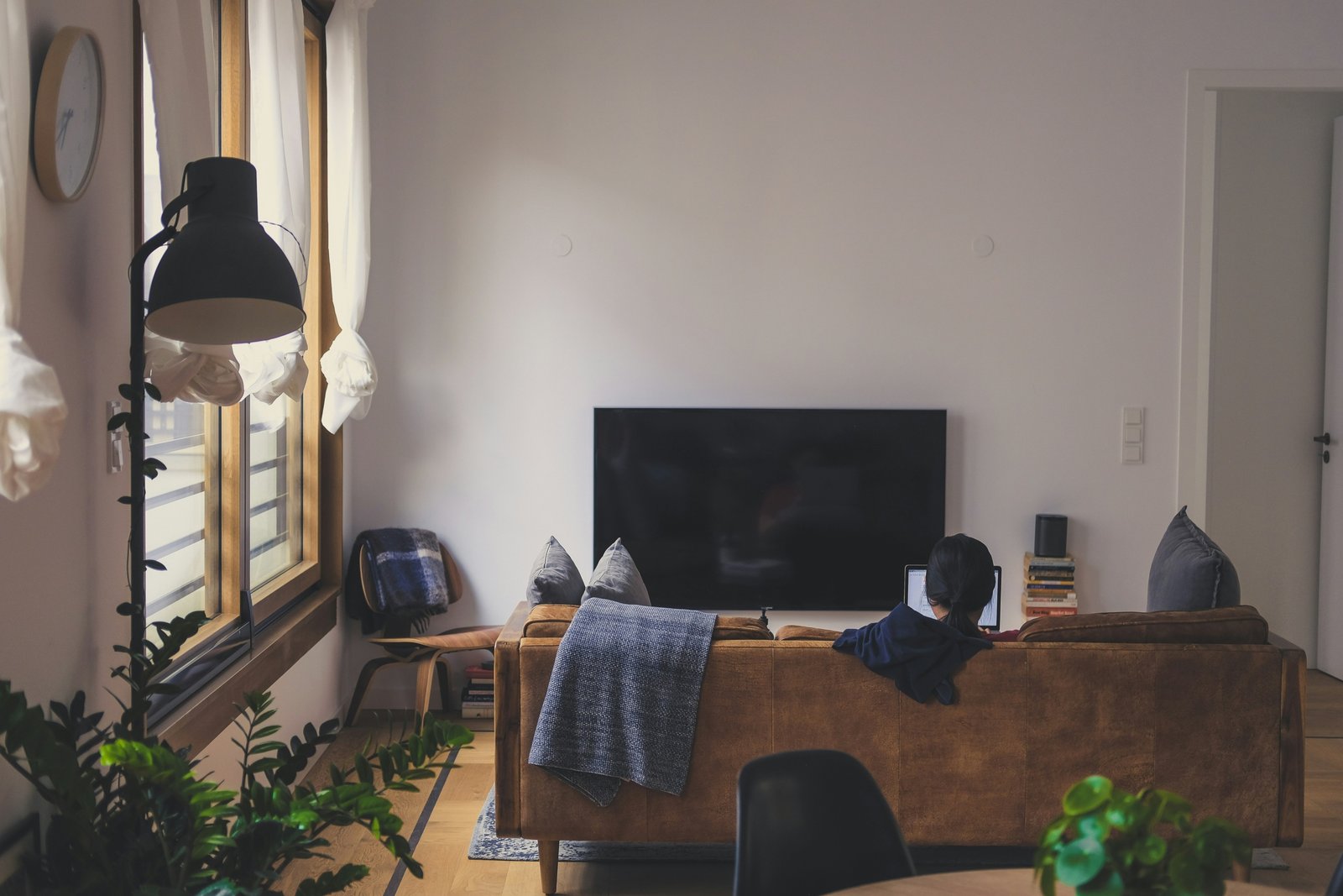 A cozy living room scene with a person sitting on a brown sofa, viewed from behind, using a laptop while facing a large wall-mounted TV. Natural light streams in from a large window on the left, next to a black floor lamp and houseplants. A black chair is in the foreground, and the space feels warm and lived-in with blankets, cushions, and books.